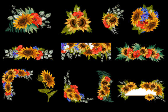 Sunflower, poppy and cornflower bouquets clipart