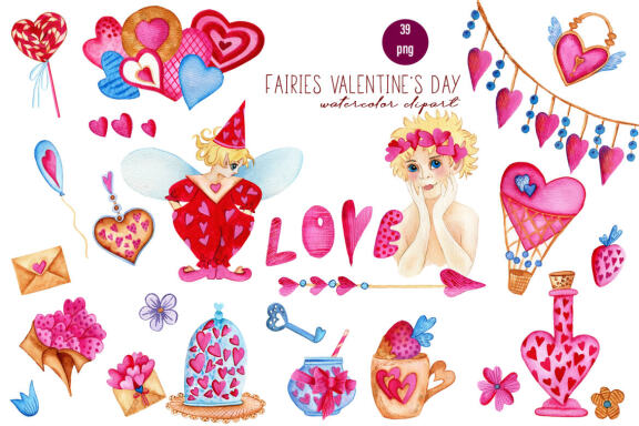 Fairies valentines day watercolor clipart