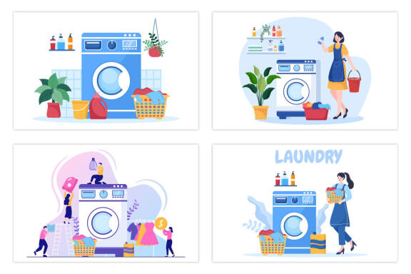 17 Laundry Wash and Drying Machines Illustration