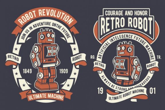 4 Retro Robot Badge Design Set