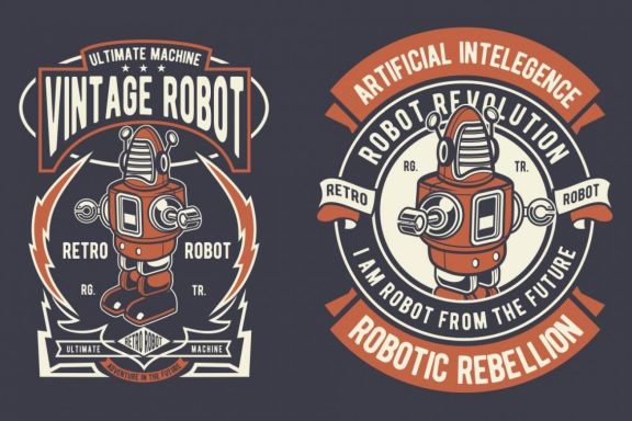4 Retro Robot Badge Design Set