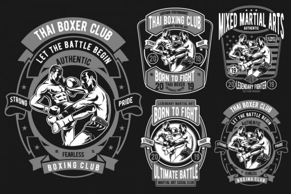 4 Thai Boxer Badge Design Set