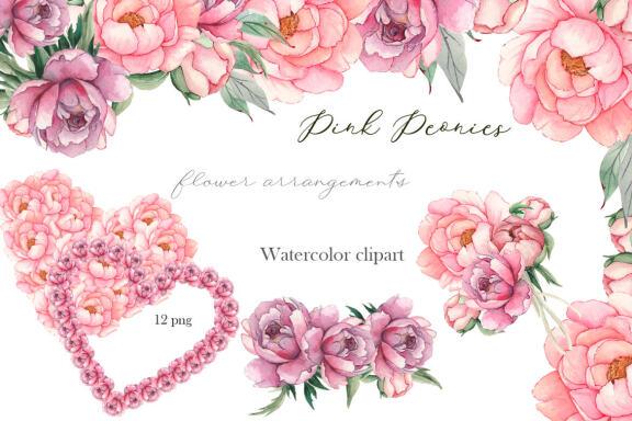 Watercolor Pink Peonies border Clipart