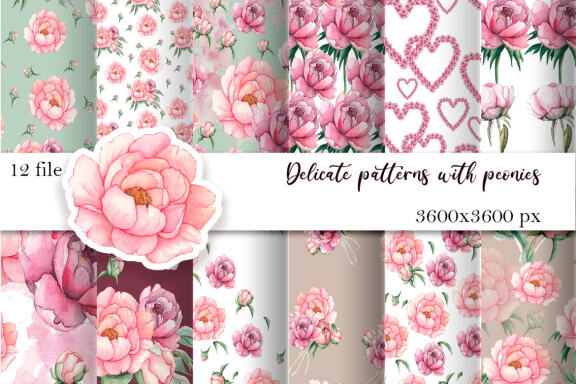 Pink peonies, seamless texture. 12 flower pattern