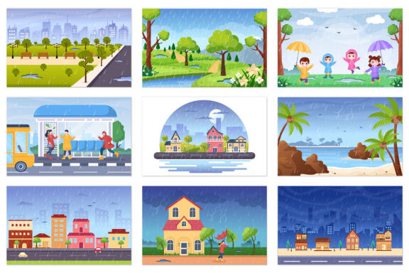 24 People in The Rain Cartoon illustration