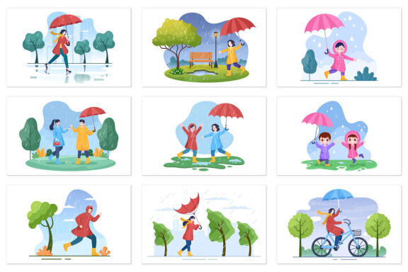 24 People in The Rain Cartoon illustration