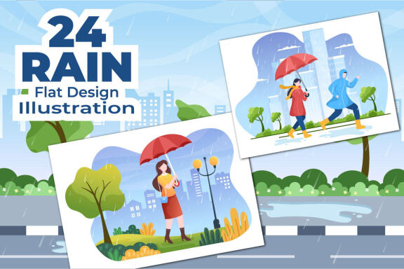 24 People in The Rain Cartoon illustration