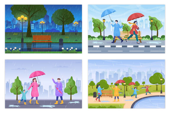 24 People in The Rain Cartoon illustration