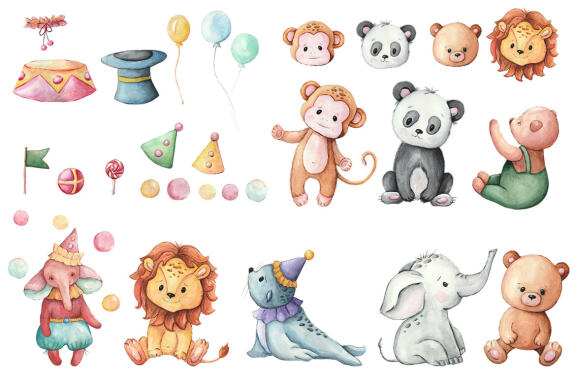 Circus watercolor clipart, Bear Elephant Panda Clip Art 