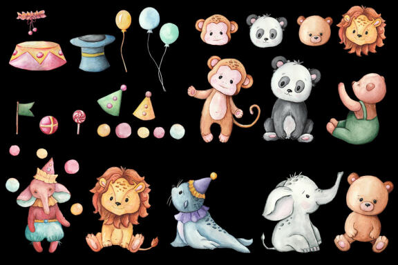 Circus watercolor clipart, Bear Elephant Panda Clip Art 