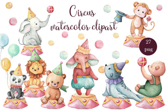 Circus watercolor clipart, Bear Elephant Panda Clip Art 
