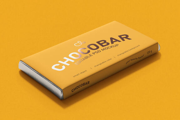 Chocolate Candy Bar Packaging (120g) Mockup - Perspective