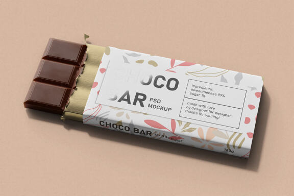 Chocolate Candy Bar Packaging (120g) Mockup - Opened