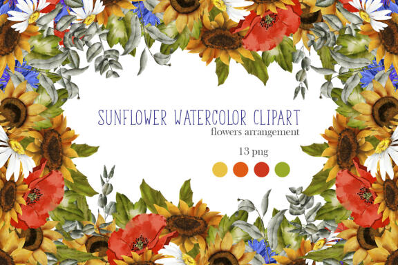 Sunflower Watercolor Clipart. Summer.  Boho flower