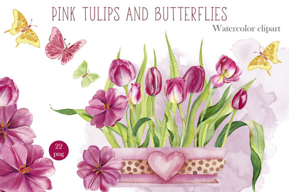Watercolor pink Tulips Clipart. Botanical clipart