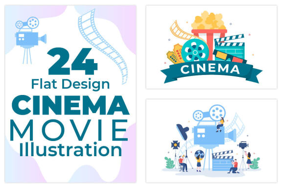 24 Cinema Movie Theater Flat Design Illustration