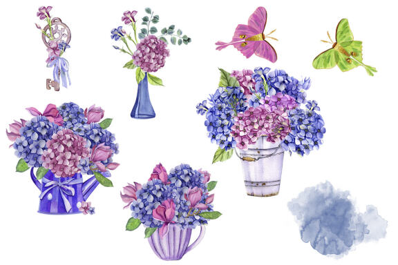 Watercolor Hydrangea Flowers Clipart. Butterflies clipart