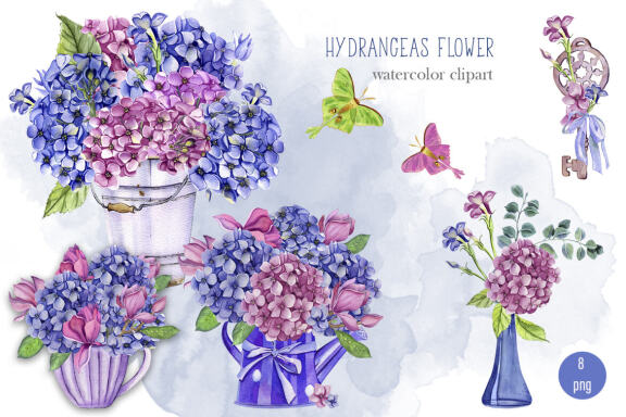 Watercolor Hydrangea Flowers Clipart. Butterflies clipart