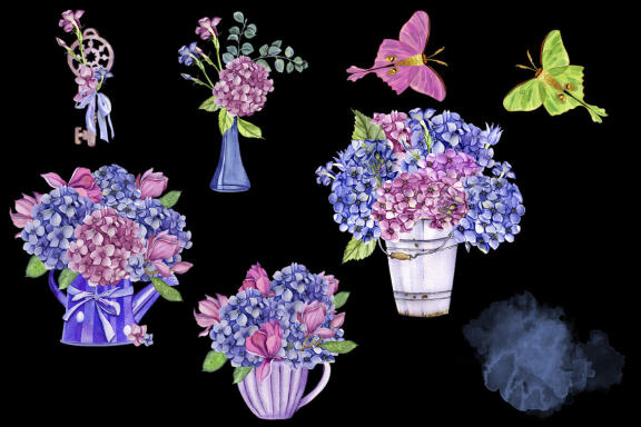 Watercolor Hydrangea Flowers Clipart. Butterflies clipart