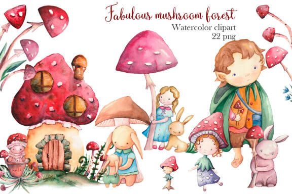 Fairy mushroom forest Watercolor clipart