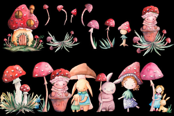 Fairy mushroom forest Watercolor clipart