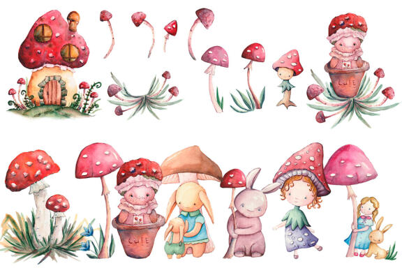 Fairy mushroom forest Watercolor clipart