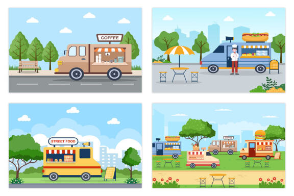 17 Food Court and Food Truck Flat Design Illustration