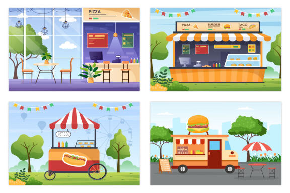17 Food Court and Food Truck Flat Design Illustration