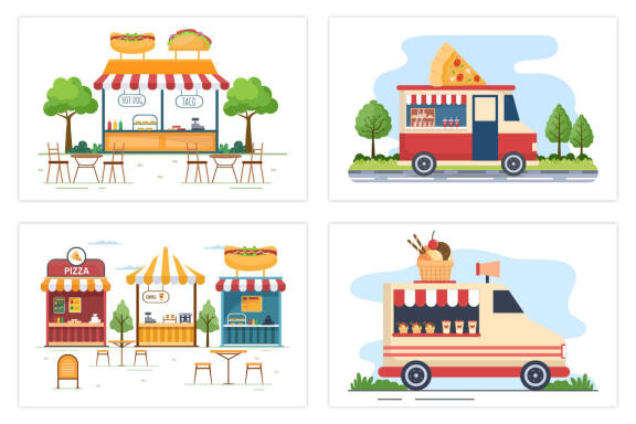 17 Food Court and Food Truck Flat Design Illustration