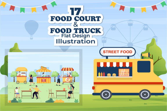 17 Food Court and Food Truck Flat Design Illustration
