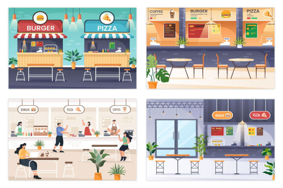 17 Food Court and Food Truck Flat Design Illustration