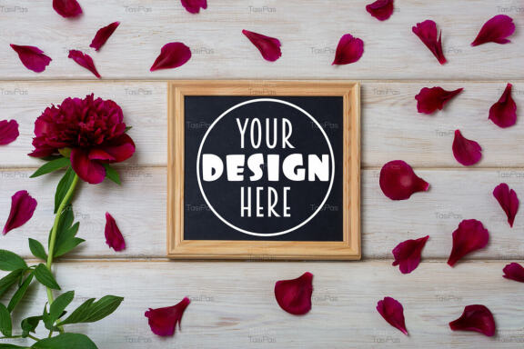 Black square chalkboard frame mockup with burgundy peony and petals.