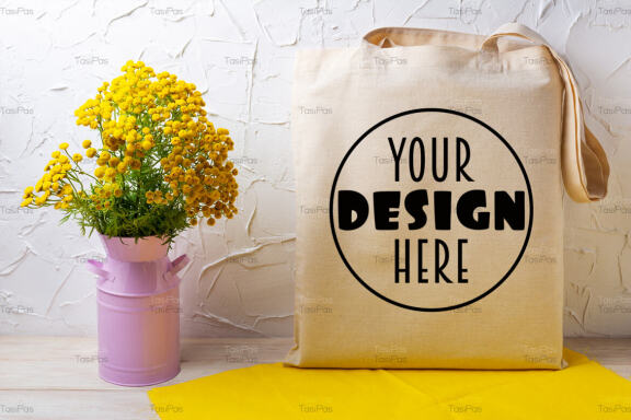 Tote bag mockup with yellow flowers