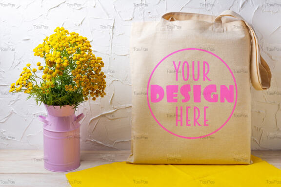Tote bag mockup with yellow flowers