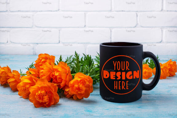 Black coffee mug mockup with wild globeflowers.