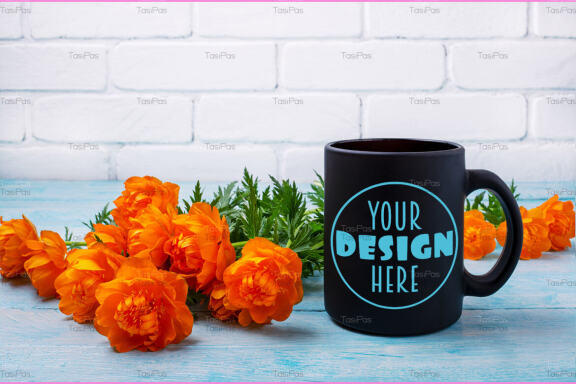 Black coffee mug mockup with wild globeflowers.