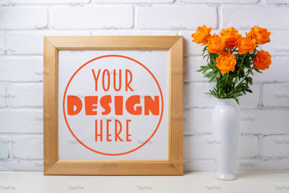 Square wooden picture frame mockup with orange wild globeflowers.