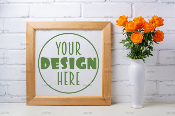 Square wooden picture frame mockup with orange wild globeflowers.