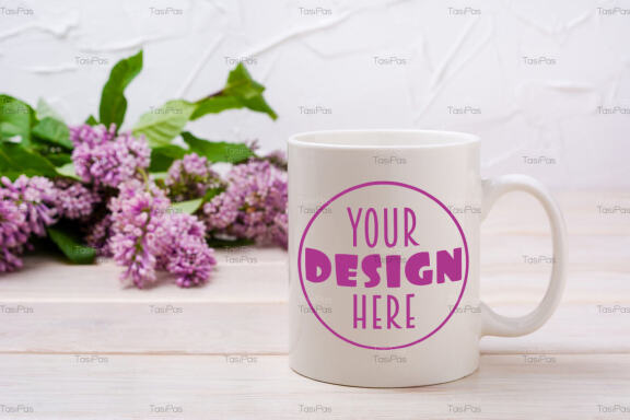 White coffee mug mockup with lilac near painted wall.