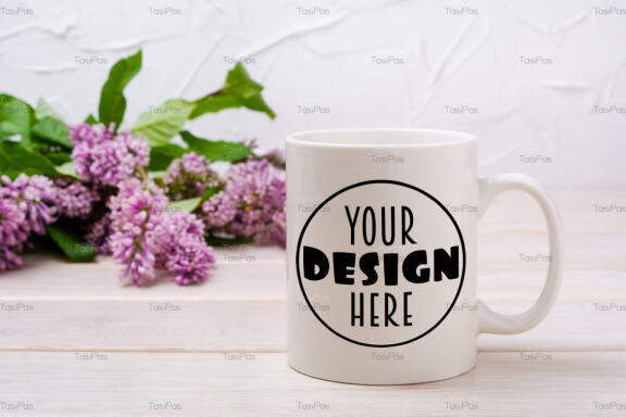 White coffee mug mockup with lilac near painted wall.