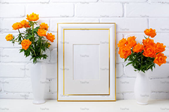 Gold decorated white frame mockup with two globeflowers vase.