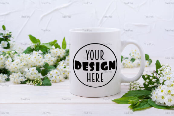 White coffee mug mockup with viburnum flowers.