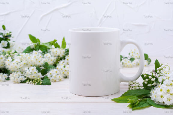 White coffee mug mockup with viburnum flowers.