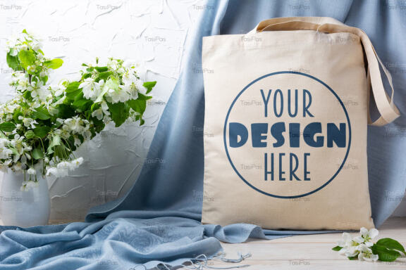 Rustic tote bag mockup with apple blossom in the vase.