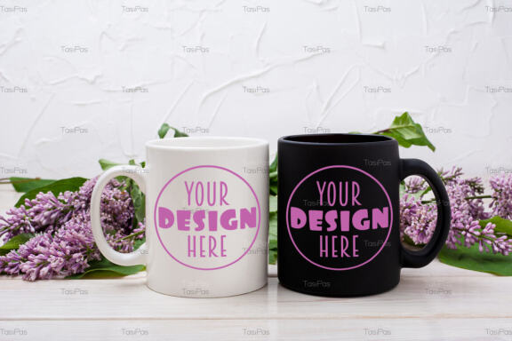 White and black mug mockup with lilac bouquet.
