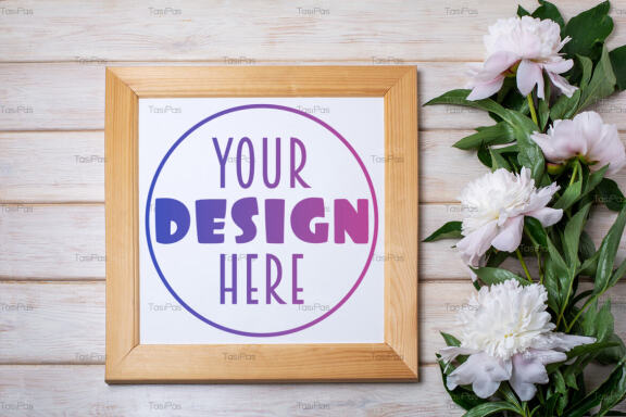 Square wooden picture frame mockup with pale pink peony.