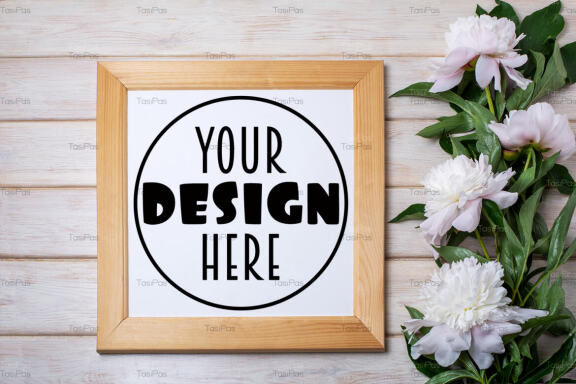 Square wooden picture frame mockup with pale pink peony.