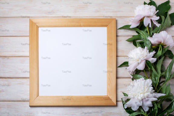 Square wooden picture frame mockup with pale pink peony.