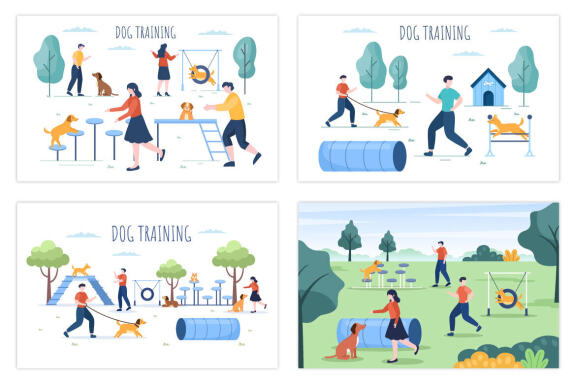 12 Dogs Training Center Flat Design Illustration