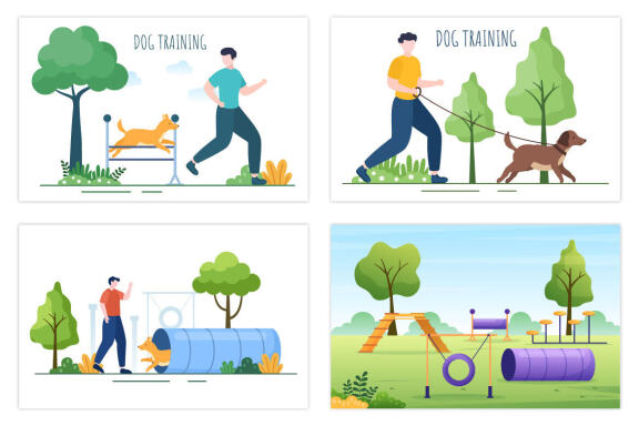 12 Dogs Training Center Flat Design Illustration